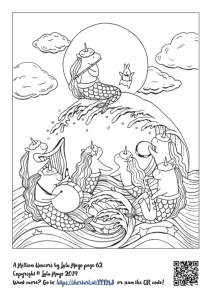 A downloadable colouring page with unicorn mermaids