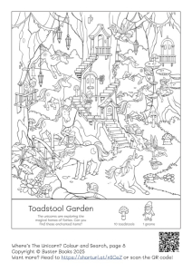 find the unicorns in a toadstool garden and colour them in