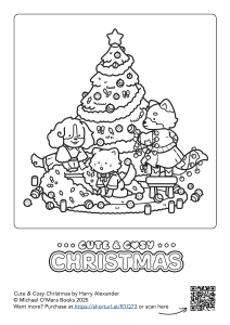 Cute and cosy characters decorating a christmas tree